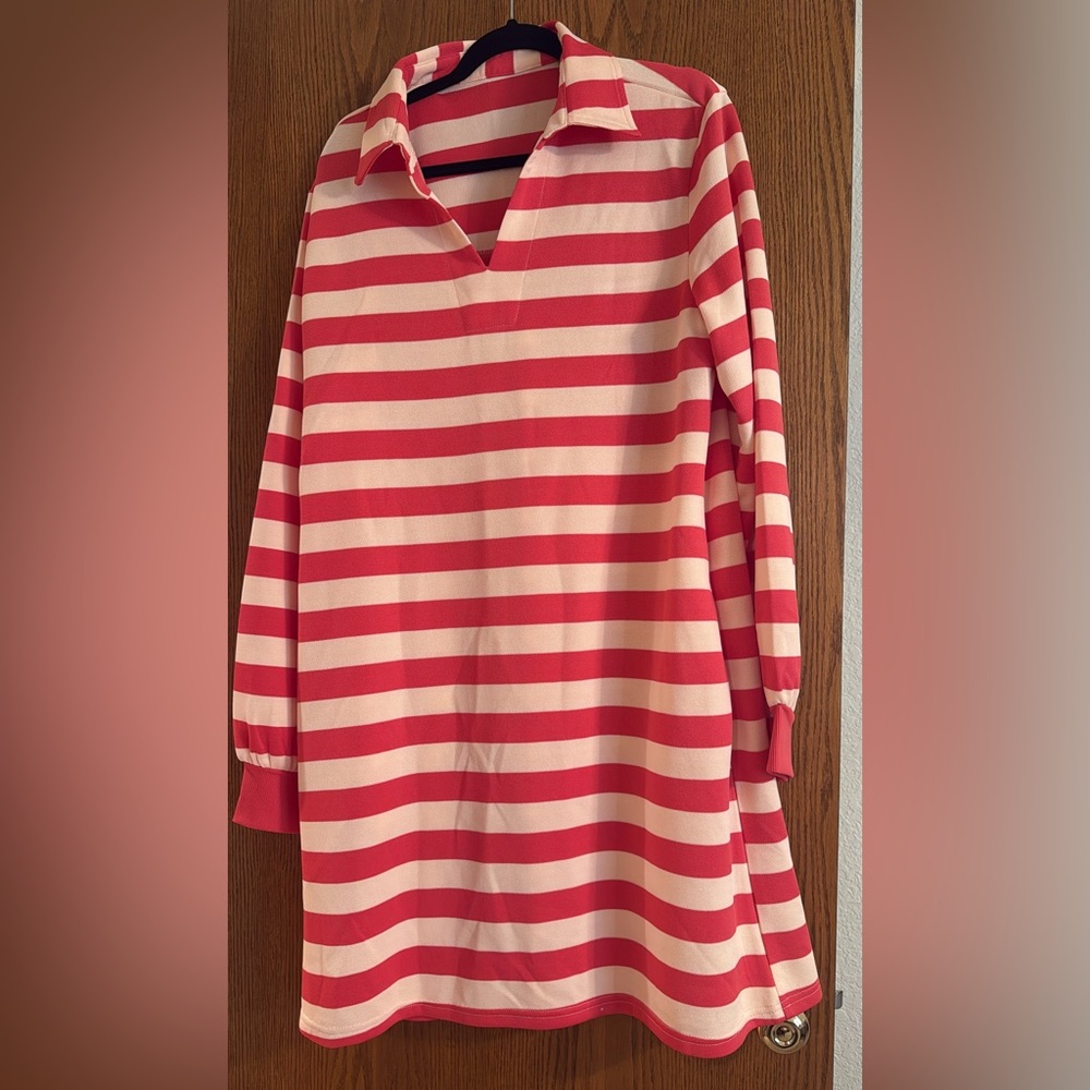 Red and Pink Striped Long Sleeve Dress